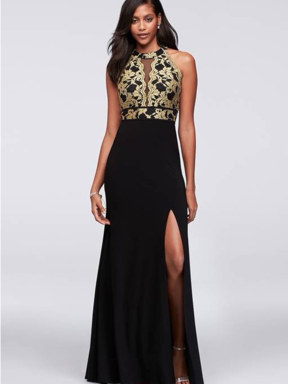 Morgan & Co. Black Gown with Gold Lace Halter Bodice